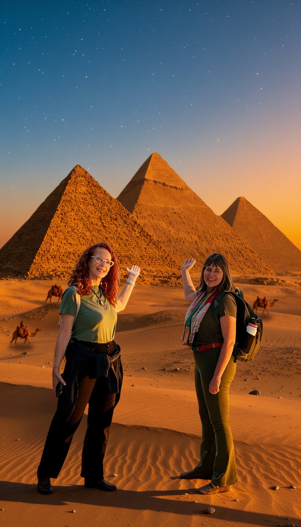 Helena Gerenstadt e Priscilla Caires diante das pirâmides de Gizé, no Egito