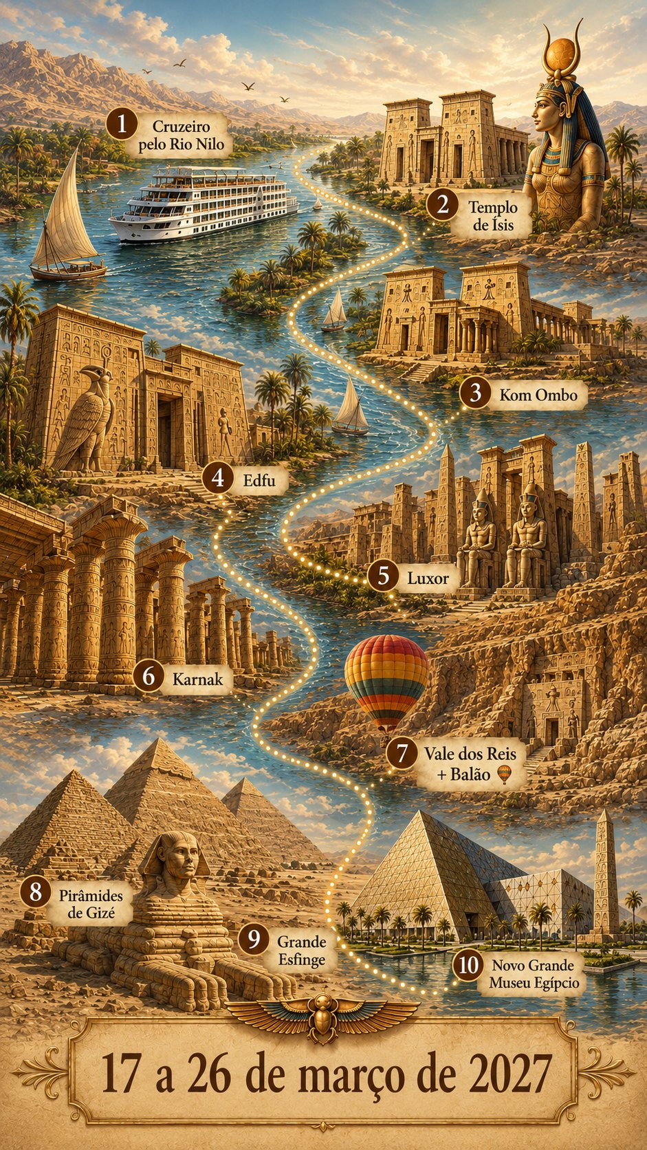 Ilustração do percurso da jornada ao Egito, do Cairo a Assuã ao longo do Rio Nilo